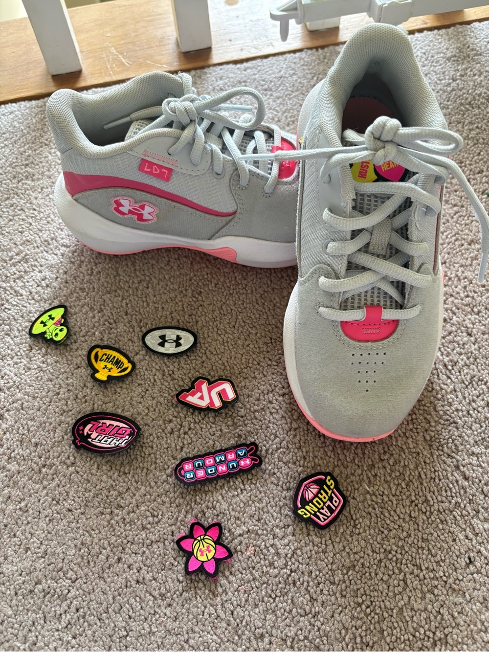 Under Armour Kids Gray and Pink Athletic Shoes with Charms